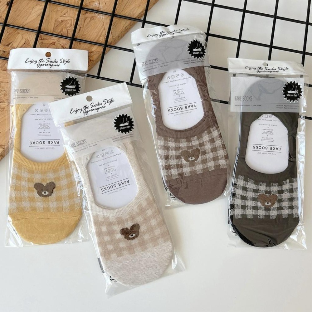 【格紋小熊船型襪】韓國 短襪 隱形襪 船襪 小熊 格子 格紋 百搭 簡約-細節圖3