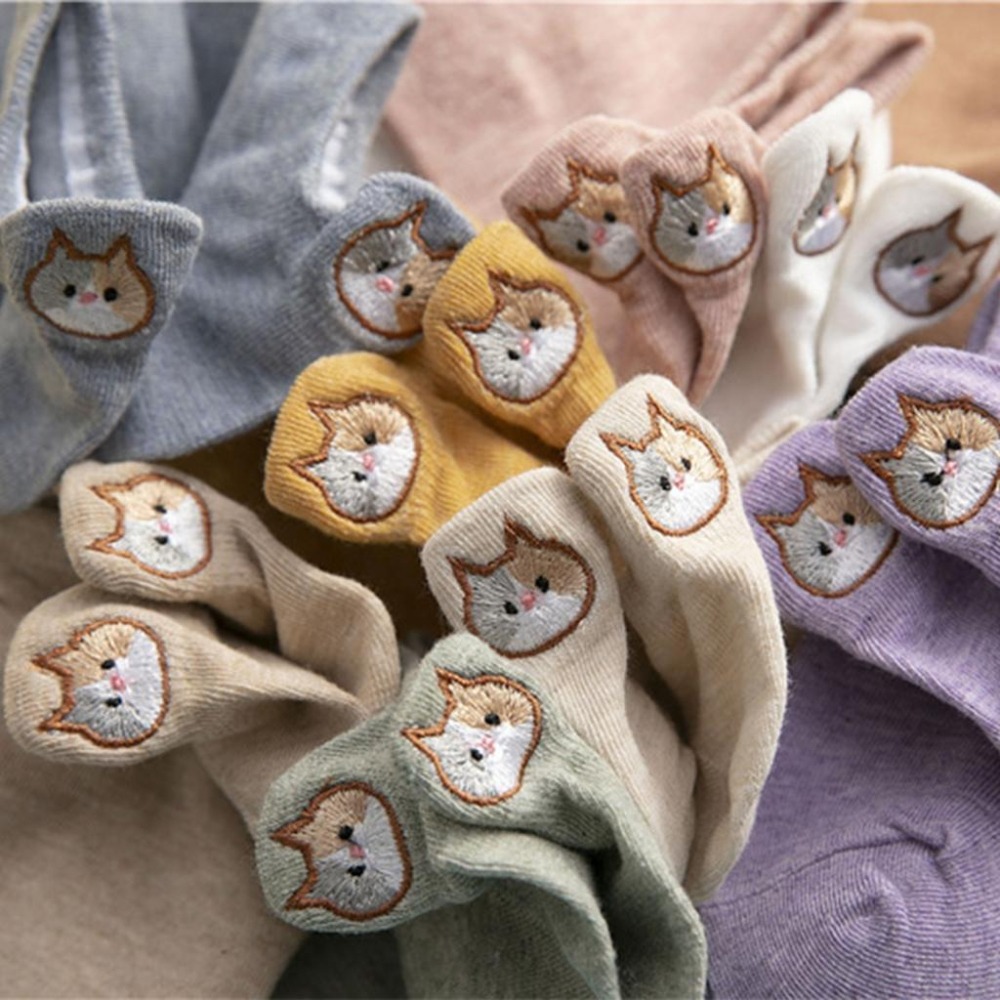 【腳跟貓咪刺繡短襪】短襪 貓咪 純色 動物 純棉 隱形襪 船襪 襪子 刺繡 女襪 淺口 日系-細節圖4