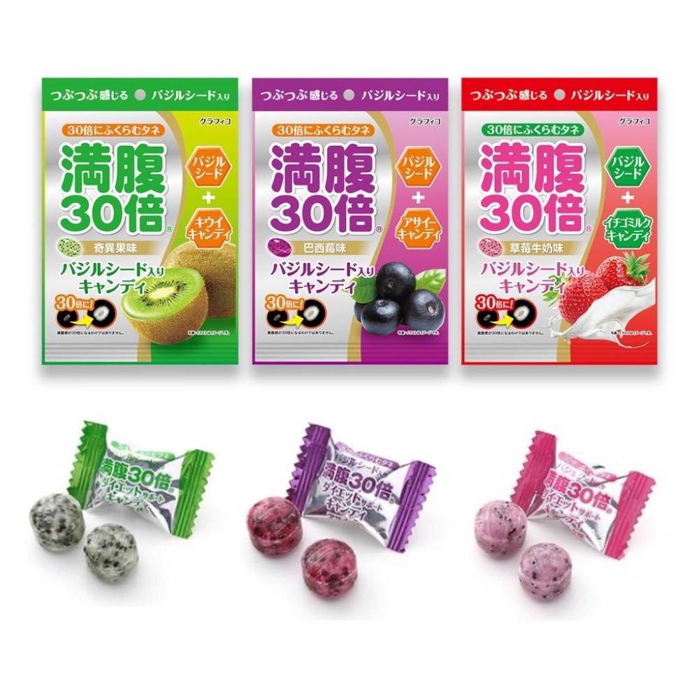 日本 滿腹30倍 糖果 水果糖 纖維飽足糖 加藤製菓 巴西莓 草莓牛奶 奇異果 40.7g-細節圖2