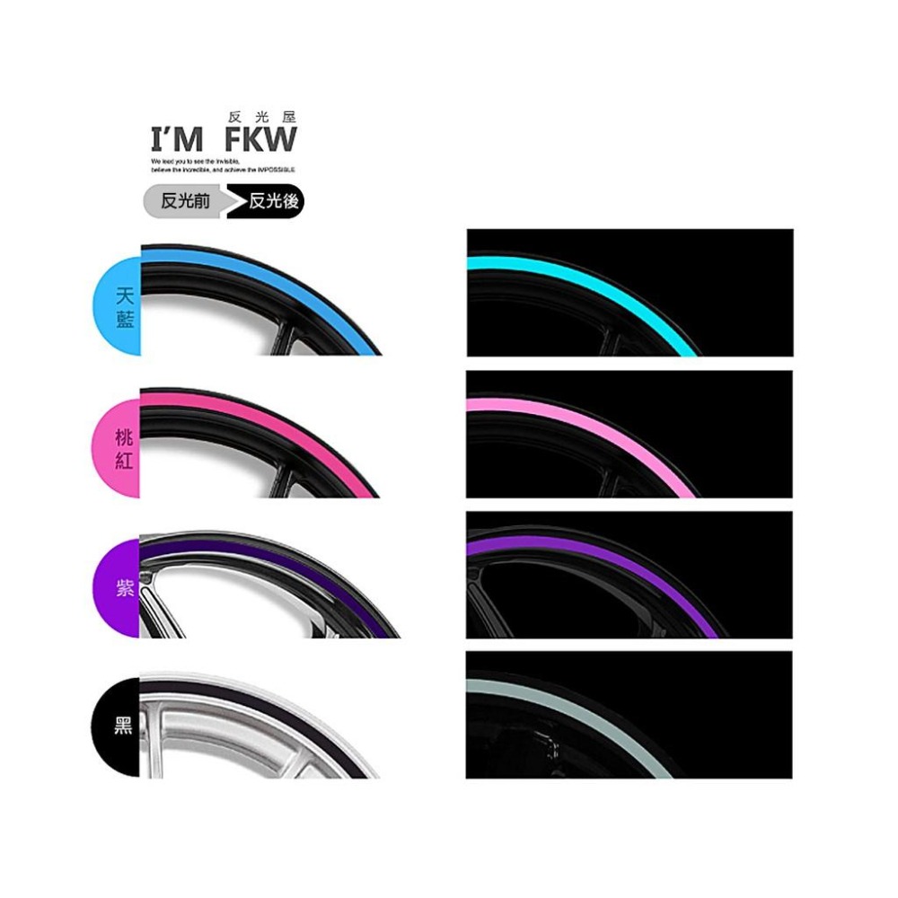 反光屋FKW 16吋5mm 8mm 10mm 3M反光汽車輪框貼紙 弧形狀好黏貼 13色可選擇 防水耐曬高亮度-細節圖3