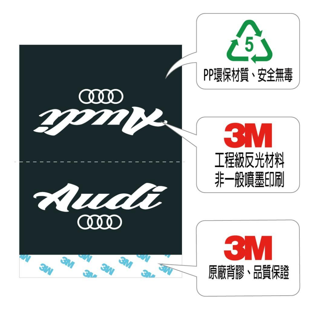 反光屋FKW A3 A4 Q3 Q2 Q5 奧迪 Audi 通用 車尾標 汽車反光水洗標 車標 夾標 3M工程級反光材料-細節圖4