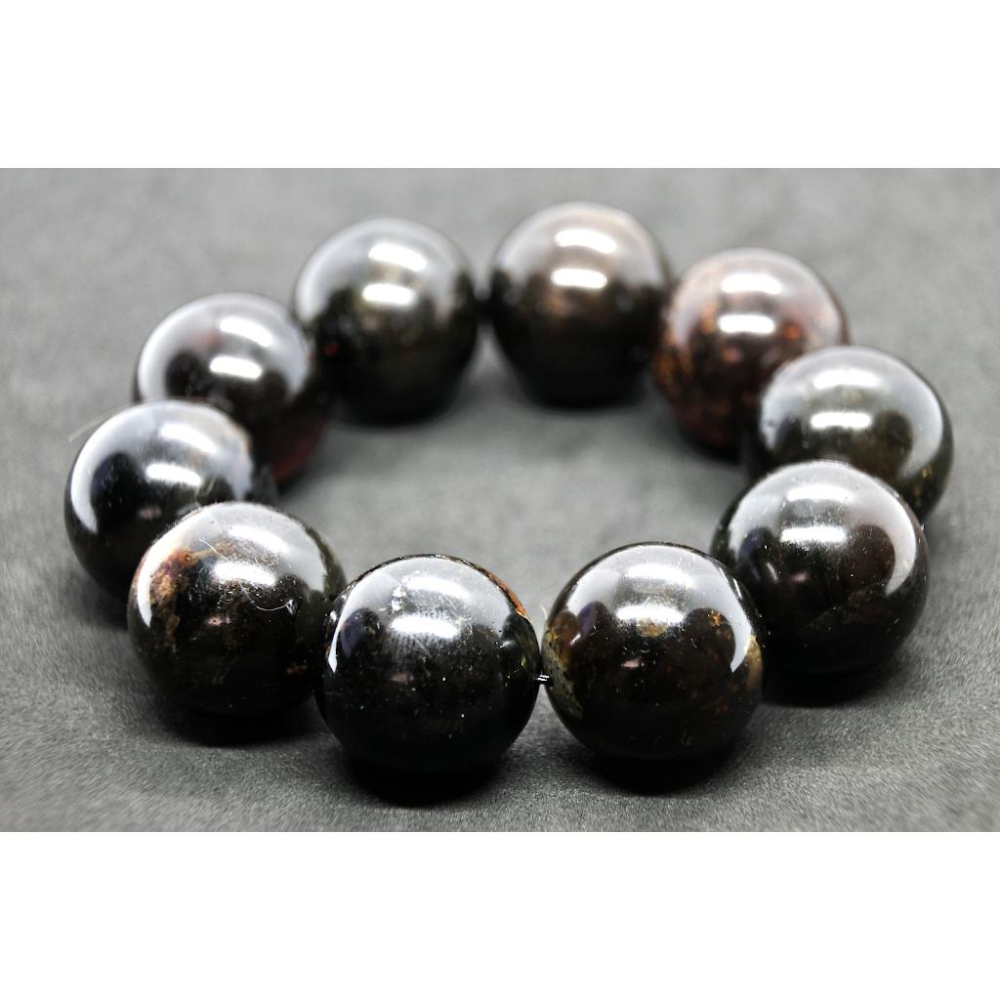 緬甸琥珀 緬甸根珀 黑根珀把件手串25.5mm(帶藍水草金沙)完整度80%(手圍19)(付產地證書)-細節圖2