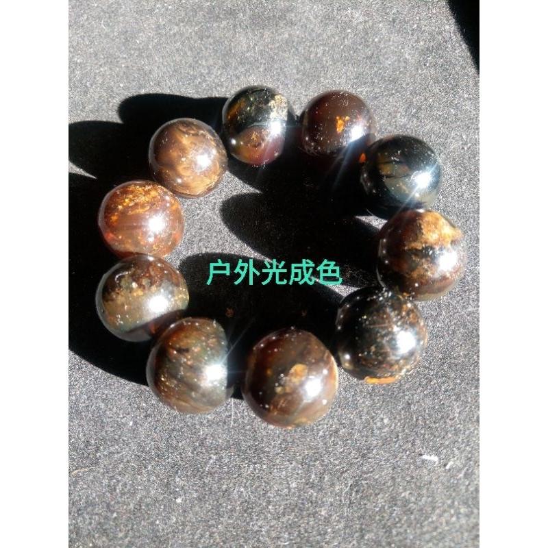 緬甸琥珀 緬甸根珀 黑根珀把件手串25.5mm(帶藍水草金沙)完整度80%(手圍19)(付產地證書)-細節圖5