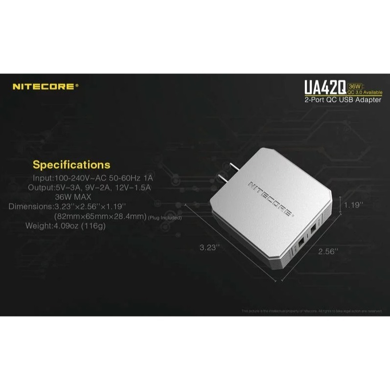 【3C配件倉】NITECORE 奈特柯爾 UA42Q 36W 雙槽QC 變壓器 USB快充 手機 平板 5V/3A 9V-細節圖3