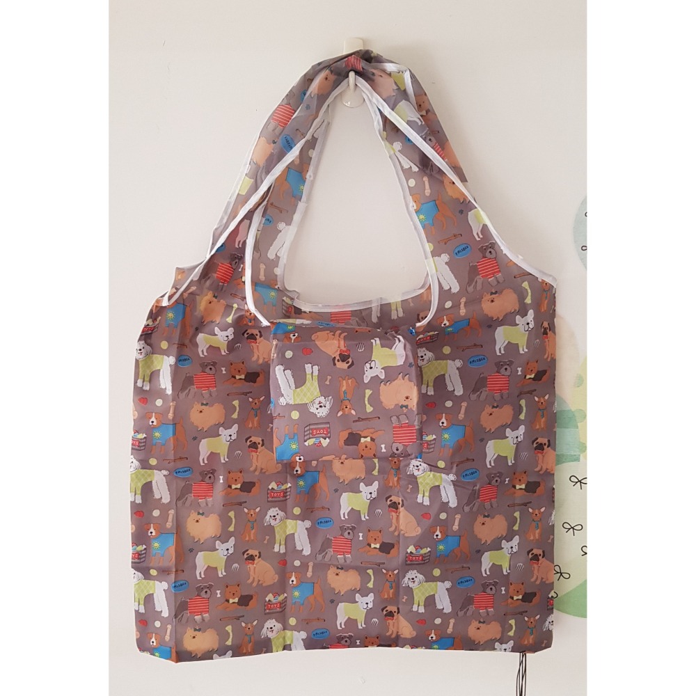 巴哥 PUG 可愛巴哥犬 滿印狗狗圖案印花 咖啡色 環保袋 摺疊購物袋-細節圖2