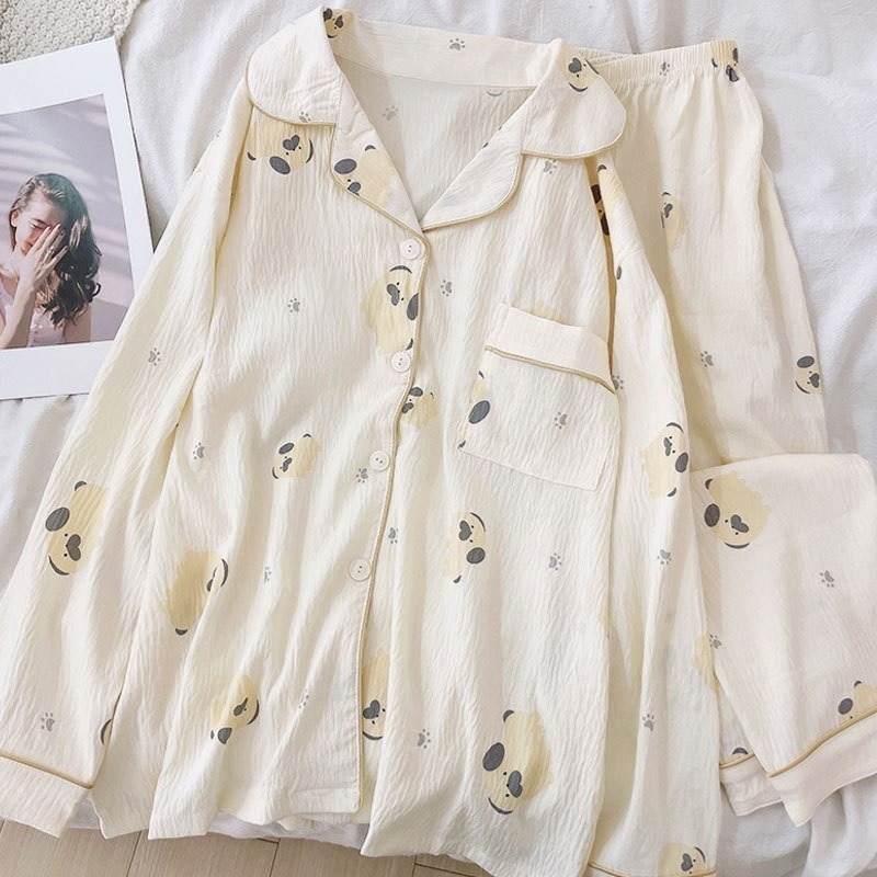 巴哥 PUG 巴哥犬圖案 可愛狗狗 長袖 薄款 睡衣 兩件套 家居服-細節圖3