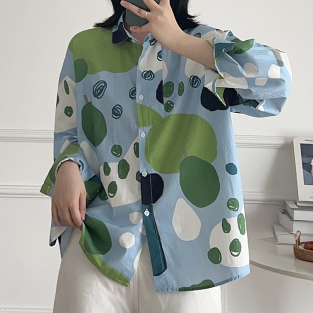 童趣風 休閒翻領 塗鴉 長袖純棉 寬鬆大碼 長袖襯衫-細節圖2