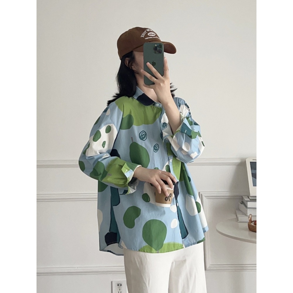 童趣風 休閒翻領 塗鴉 長袖純棉 寬鬆大碼 長袖襯衫-細節圖3