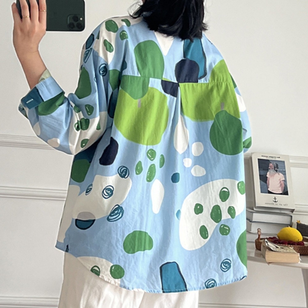 童趣風 休閒翻領 塗鴉 長袖純棉 寬鬆大碼 長袖襯衫-細節圖4