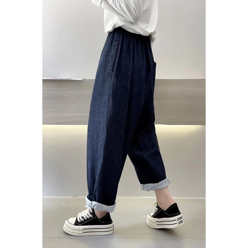 鬆緊腰 寬鬆 舒適 百搭 顯瘦 牛仔色 雙層棉紗闊腿褲 蘿蔔褲 休閒褲-細節圖2