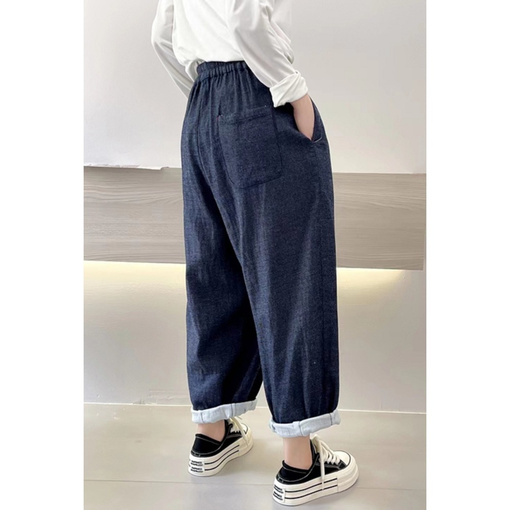 鬆緊腰 寬鬆 舒適 百搭 顯瘦 牛仔色 雙層棉紗闊腿褲 蘿蔔褲 休閒褲-細節圖3