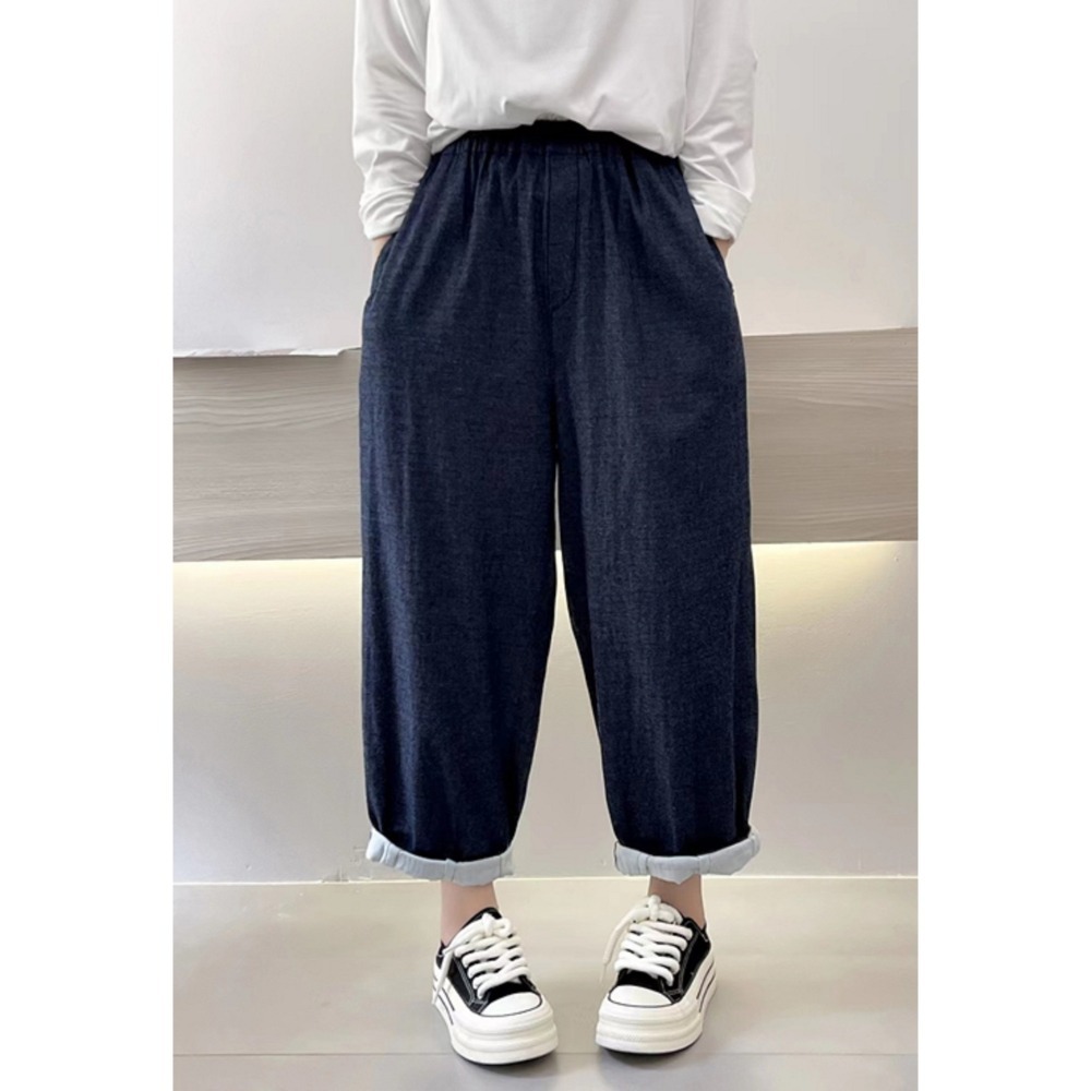 鬆緊腰 寬鬆 舒適 百搭 顯瘦 牛仔色 雙層棉紗闊腿褲 蘿蔔褲 休閒褲-細節圖4
