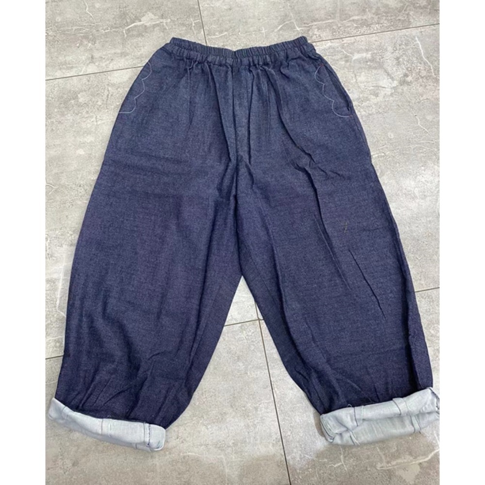 鬆緊腰 寬鬆 舒適 百搭 顯瘦 牛仔色 雙層棉紗闊腿褲 蘿蔔褲 休閒褲-細節圖5