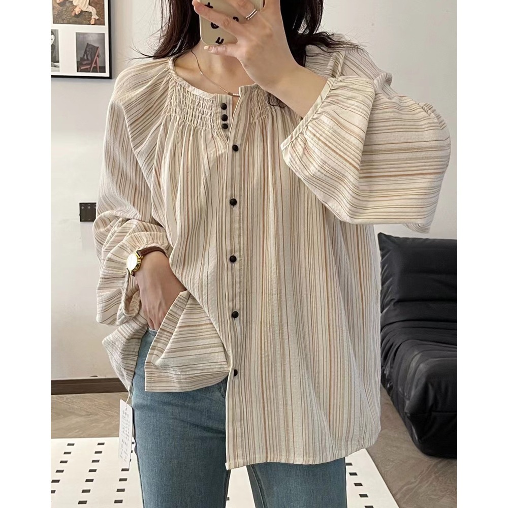 韓版 棉質 直條襯衫 法式設計感小眾設計別致長袖女衫-細節圖2