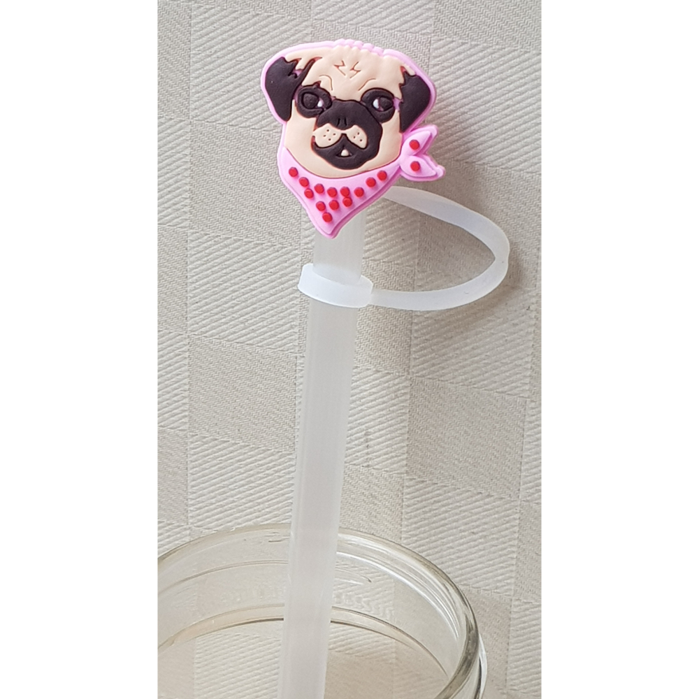巴哥 PUG 巴哥犬 可愛粉色領巾巴哥頭圖案 硅膠防塵吸管套-細節圖2