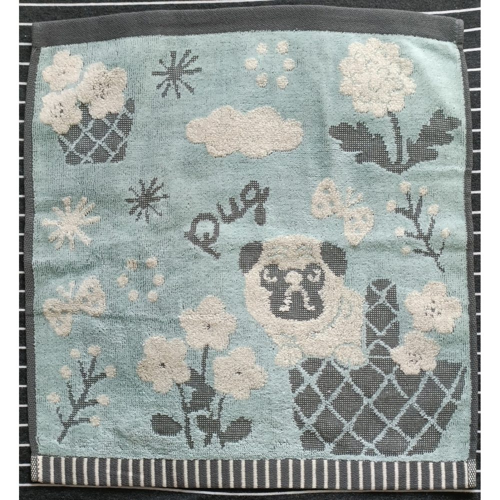 巴哥 PUG 萌犬巴哥犬 綠色織提花 毛圈棉 雙面印花 洗臉巾 口水巾 方巾 34*35CM-細節圖2