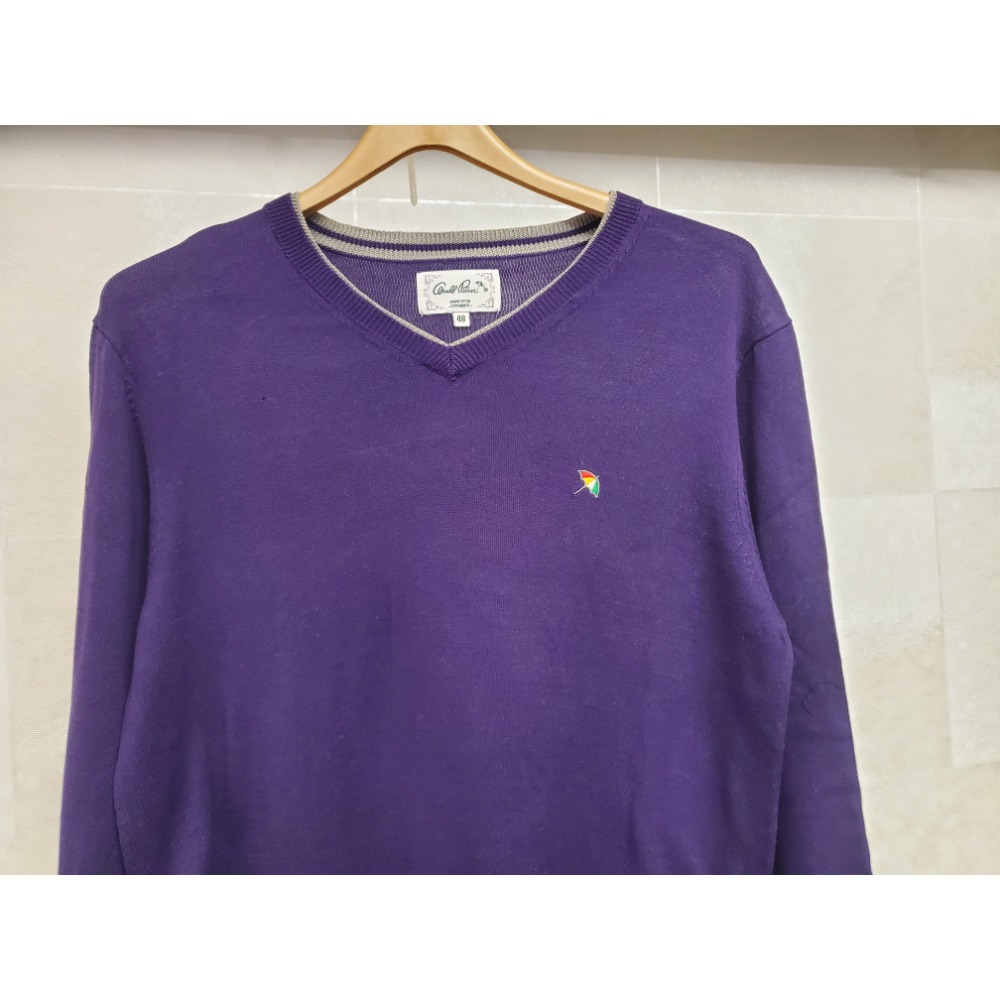 ​Arnold Palmer 雨傘牌｜男款 100% 絲光棉 V 領針織衫・經典刺繡小雨傘・紫色學院風毛衣-細節圖2