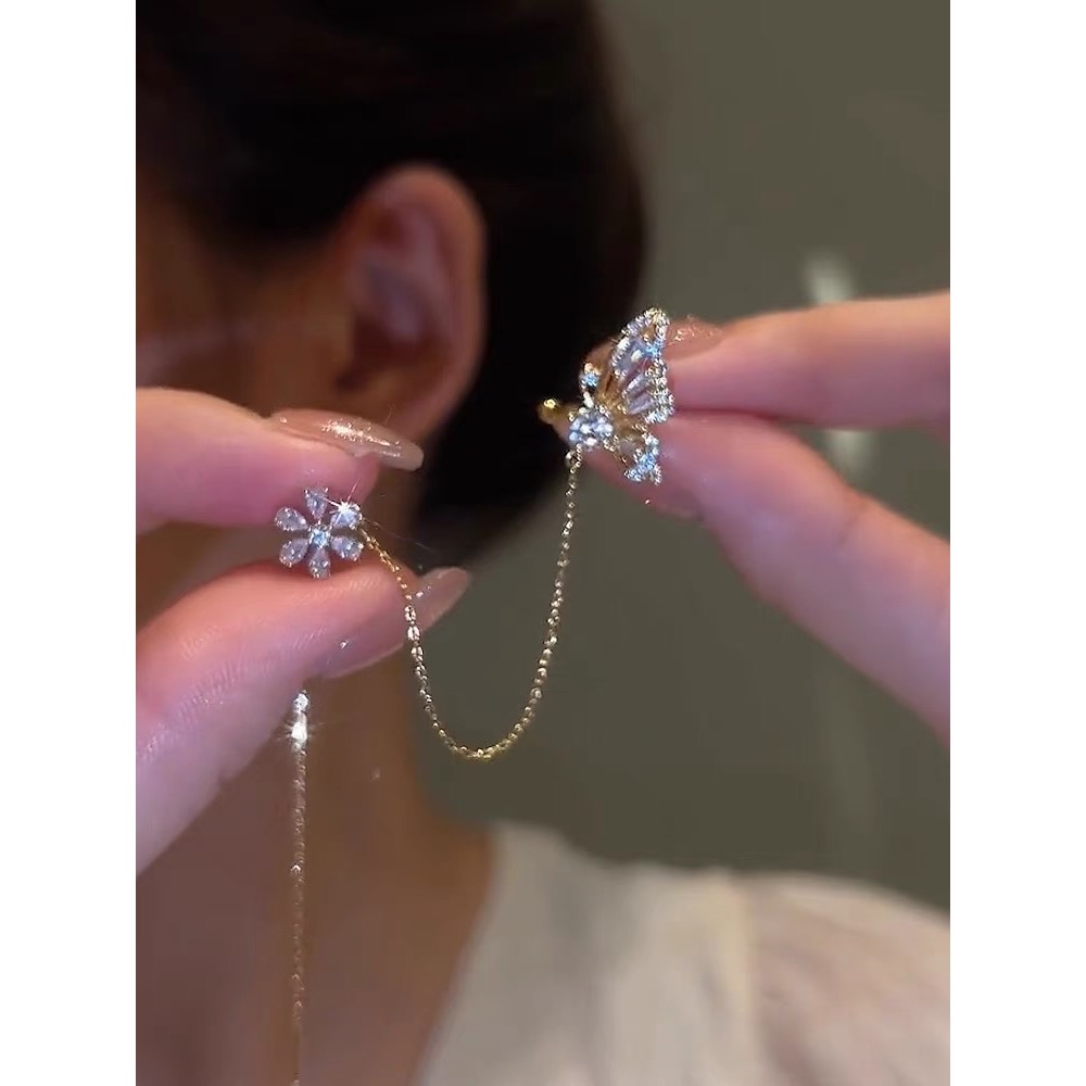 蝶戀花耳骨夾耳線一體式耳環小眾設計高級感輕奢耳夾氣質流蘇耳飾-細節圖2