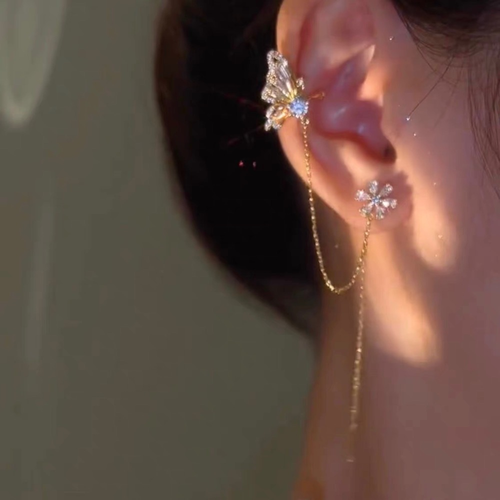 蝶戀花耳骨夾耳線一體式耳環小眾設計高級感輕奢耳夾氣質流蘇耳飾-細節圖3