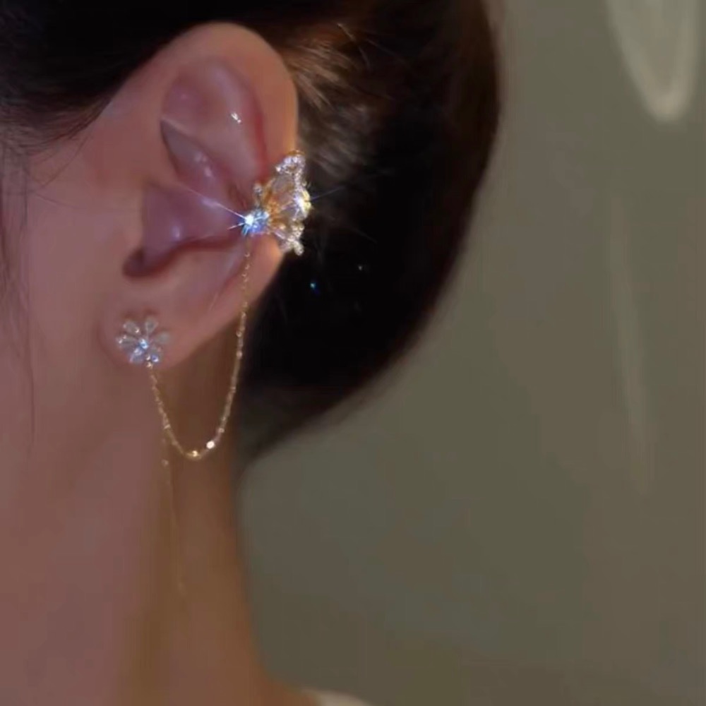 蝶戀花耳骨夾耳線一體式耳環小眾設計高級感輕奢耳夾氣質流蘇耳飾-細節圖5