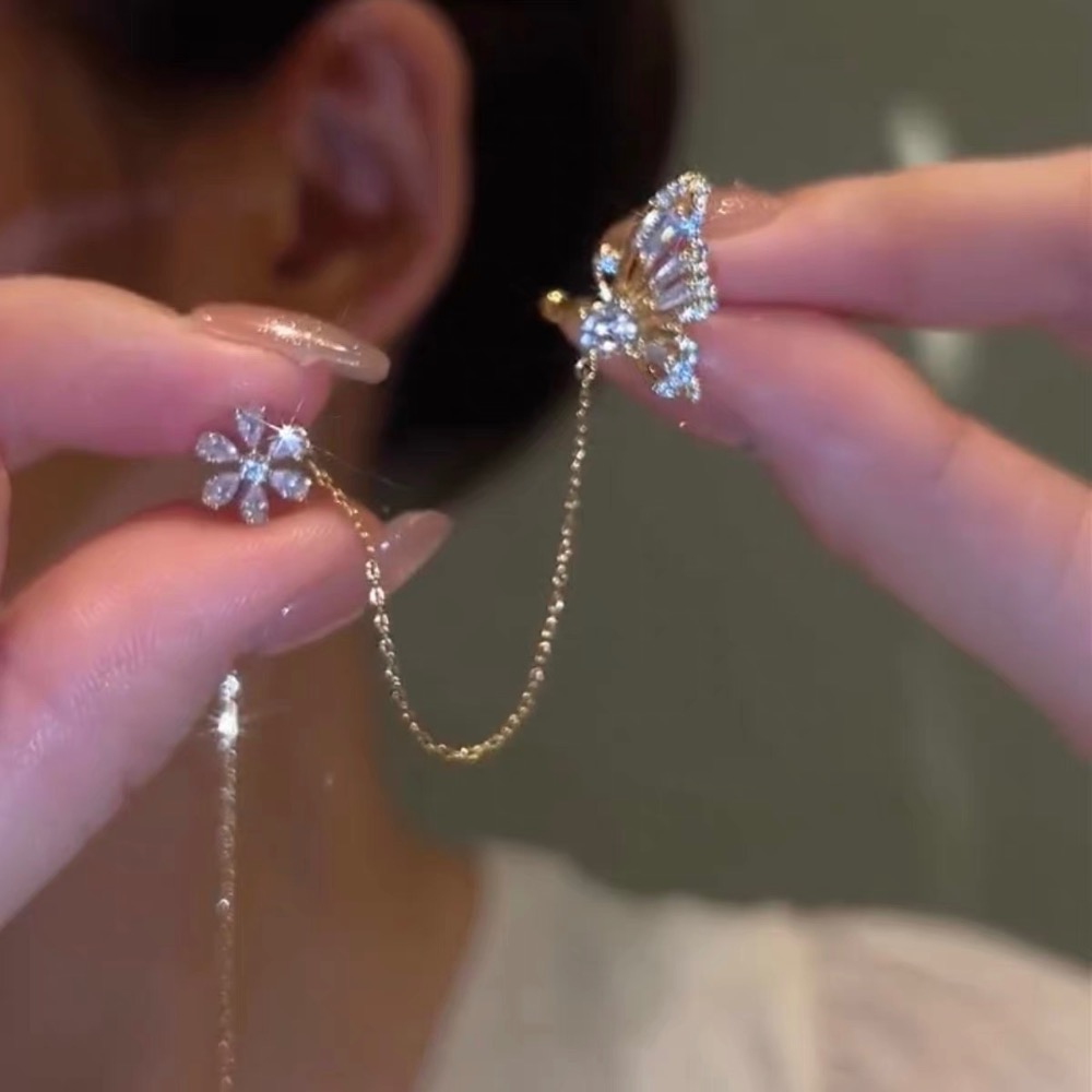 蝶戀花耳骨夾耳線一體式耳環小眾設計高級感輕奢耳夾氣質流蘇耳飾-細節圖6