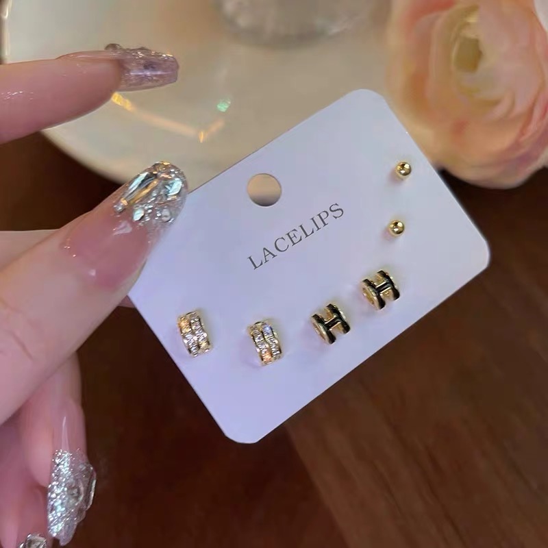 6件套閃鑽H字母幾何耳釘女高級感小巧設計獨特耳環新款耳飾-細節圖2