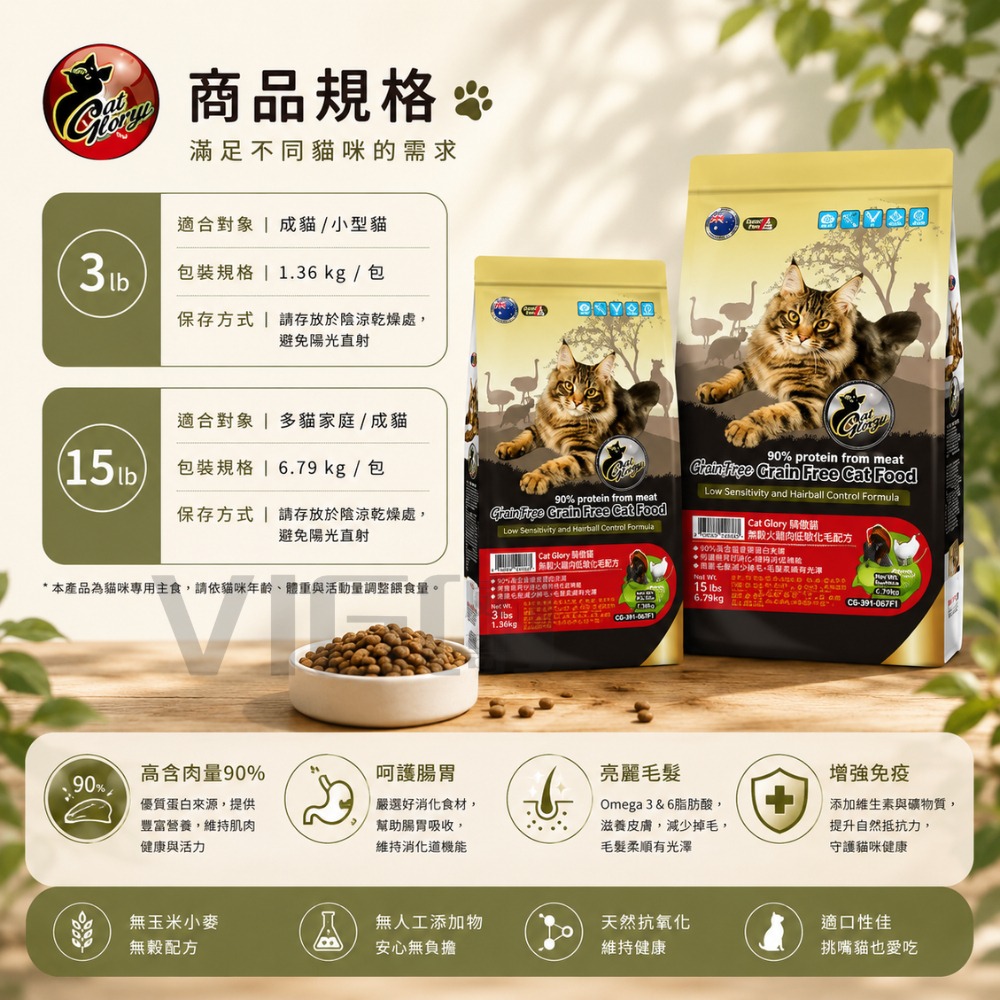 【威哥寵物】Cat Glory 驕傲貓 無穀貓飼料 3LB 15LB 火雞 魚雞 牛雞 羊雞 貓飼料 無穀物 貓糧-細節圖2
