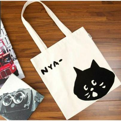全新 日本 NYA 小黑貓 帆布包 米白色 玩色隨興帆布提袋 環保袋 購物袋 帆布袋