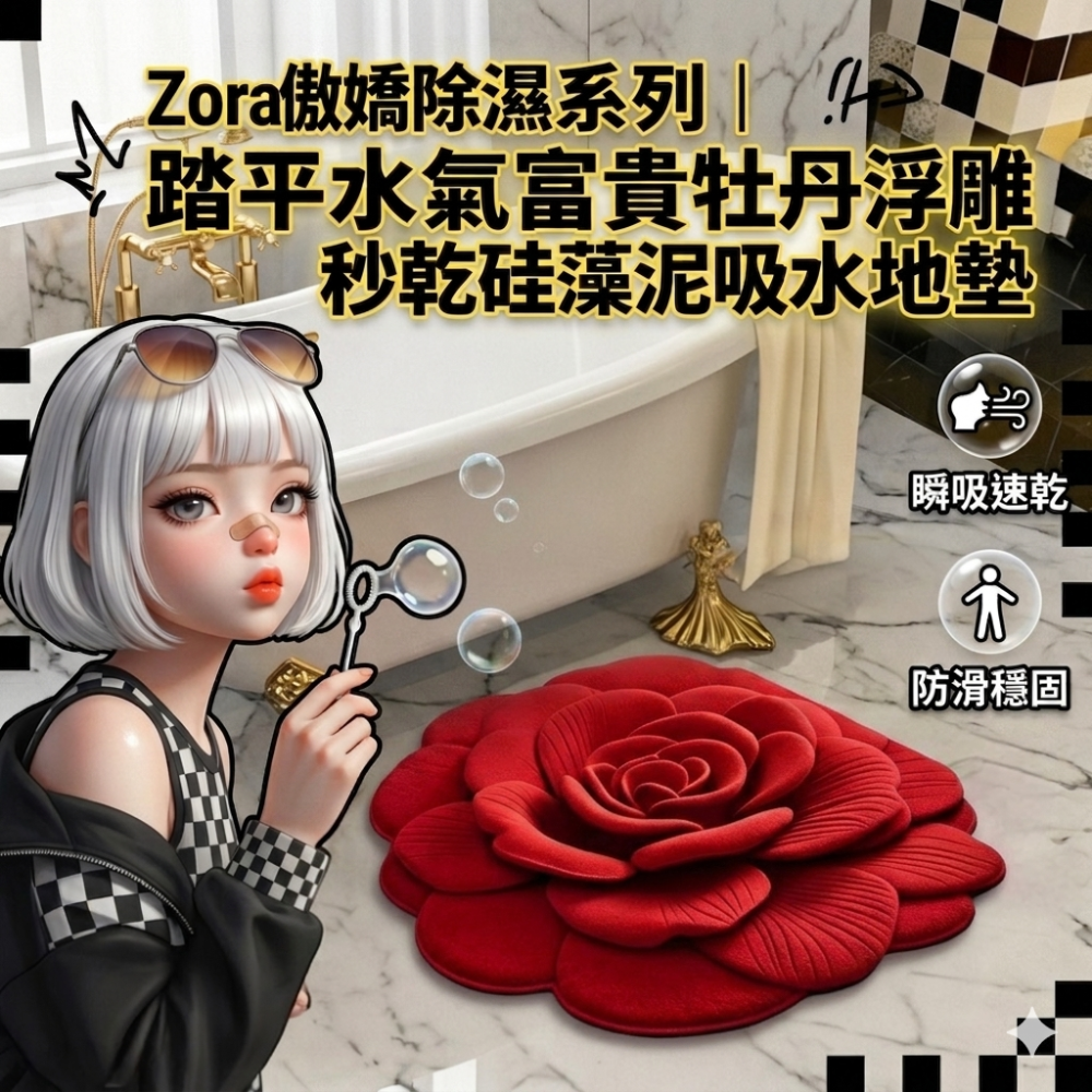 Zora傲嬌除濕系列 | 踏平水氣富貴牡丹浮雕秒乾硅藻泥吸水地墊-細節圖2
