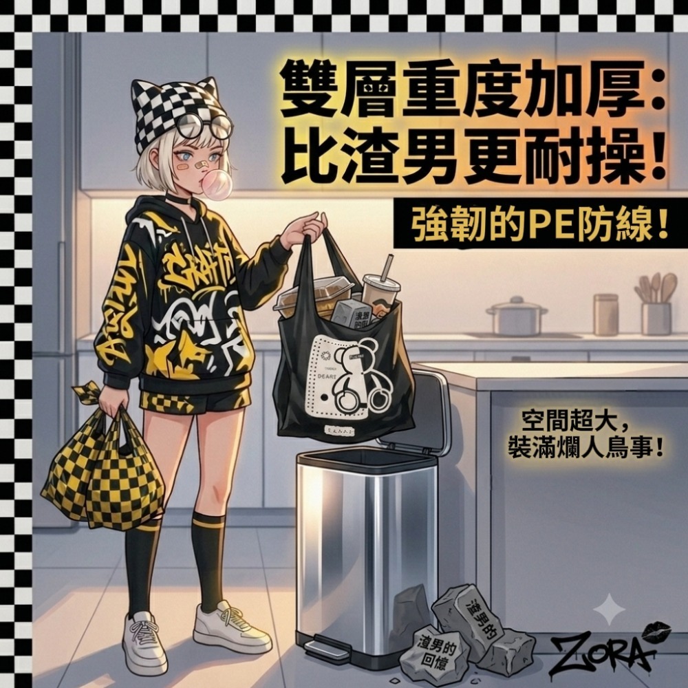 Zora 厭世美學系列 | 酷黑小熊防漏背心袋 加厚懸掛式手提垃圾袋 PE雙層3.2絲抗撕破-細節圖5