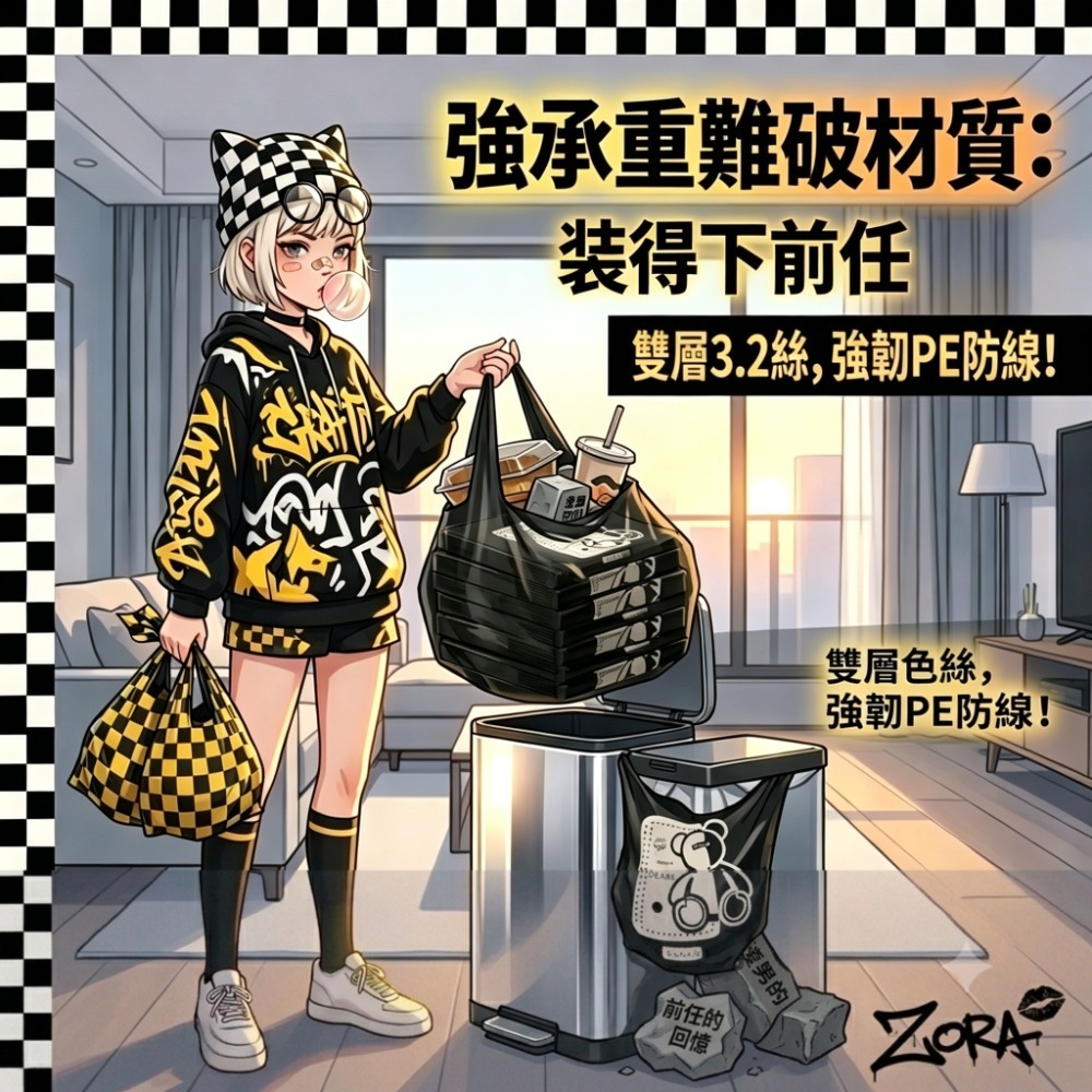 Zora 厭世美學系列 | 酷黑小熊防漏背心袋 加厚懸掛式手提垃圾袋 PE雙層3.2絲抗撕破-細節圖6