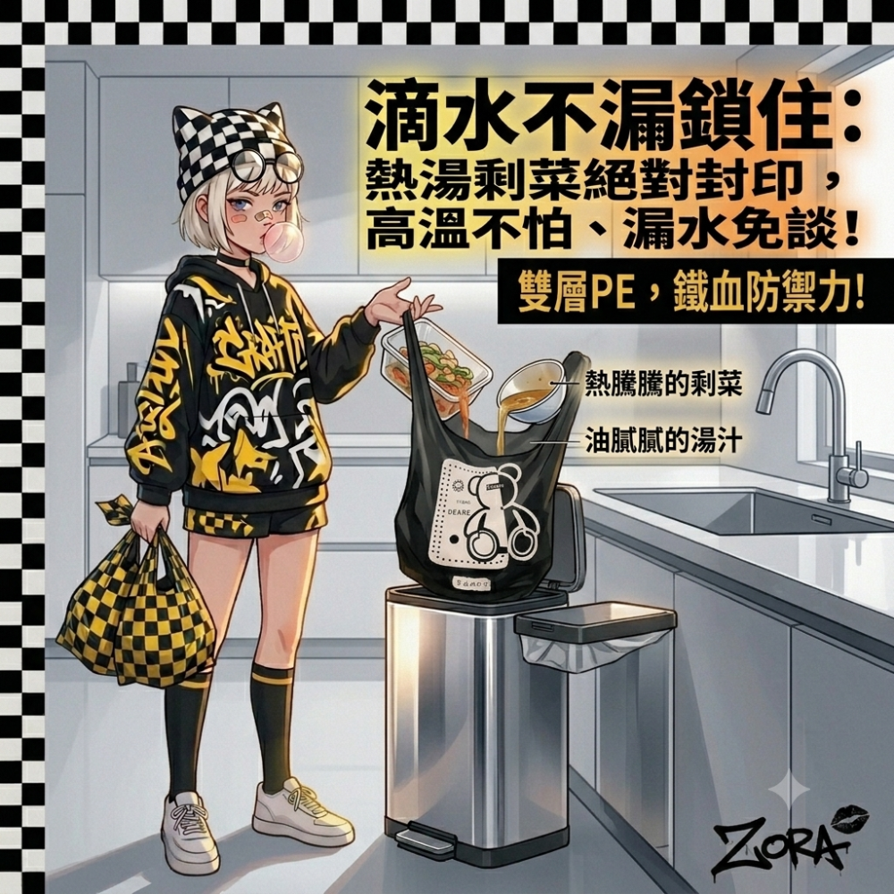 Zora 厭世美學系列 | 酷黑小熊防漏背心袋 加厚懸掛式手提垃圾袋 PE雙層3.2絲抗撕破-細節圖7