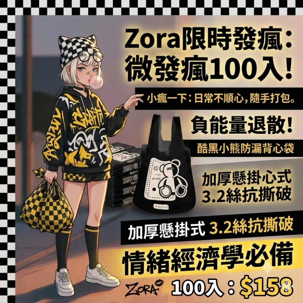 Zora 厭世美學系列 | 酷黑小熊防漏背心袋 加厚懸掛式手提垃圾袋 PE雙層3.2絲抗撕破-規格圖9