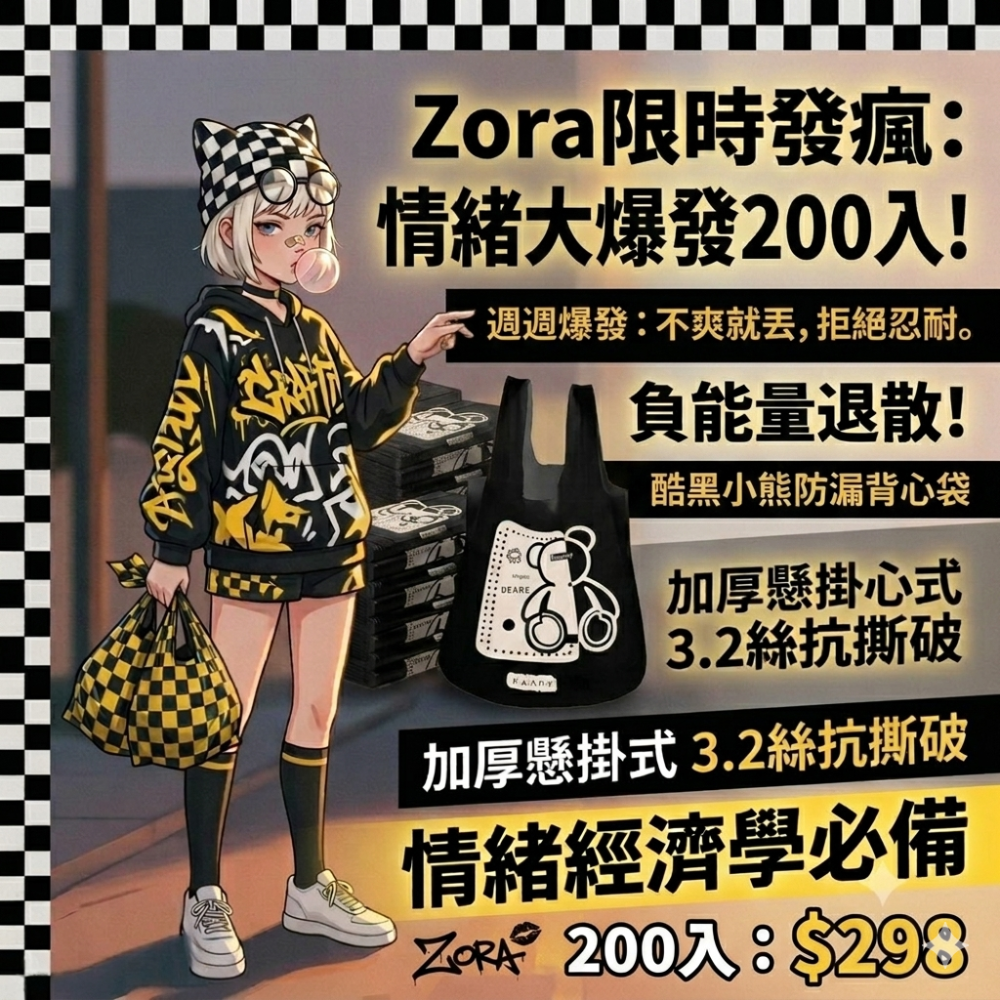Zora 厭世美學系列 | 酷黑小熊防漏背心袋 加厚懸掛式手提垃圾袋 PE雙層3.2絲抗撕破-規格圖9