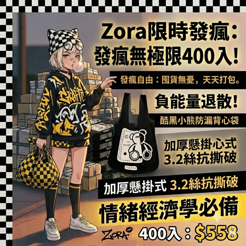 Zora 厭世美學系列 | 酷黑小熊防漏背心袋 加厚懸掛式手提垃圾袋 PE雙層3.2絲抗撕破-規格圖9