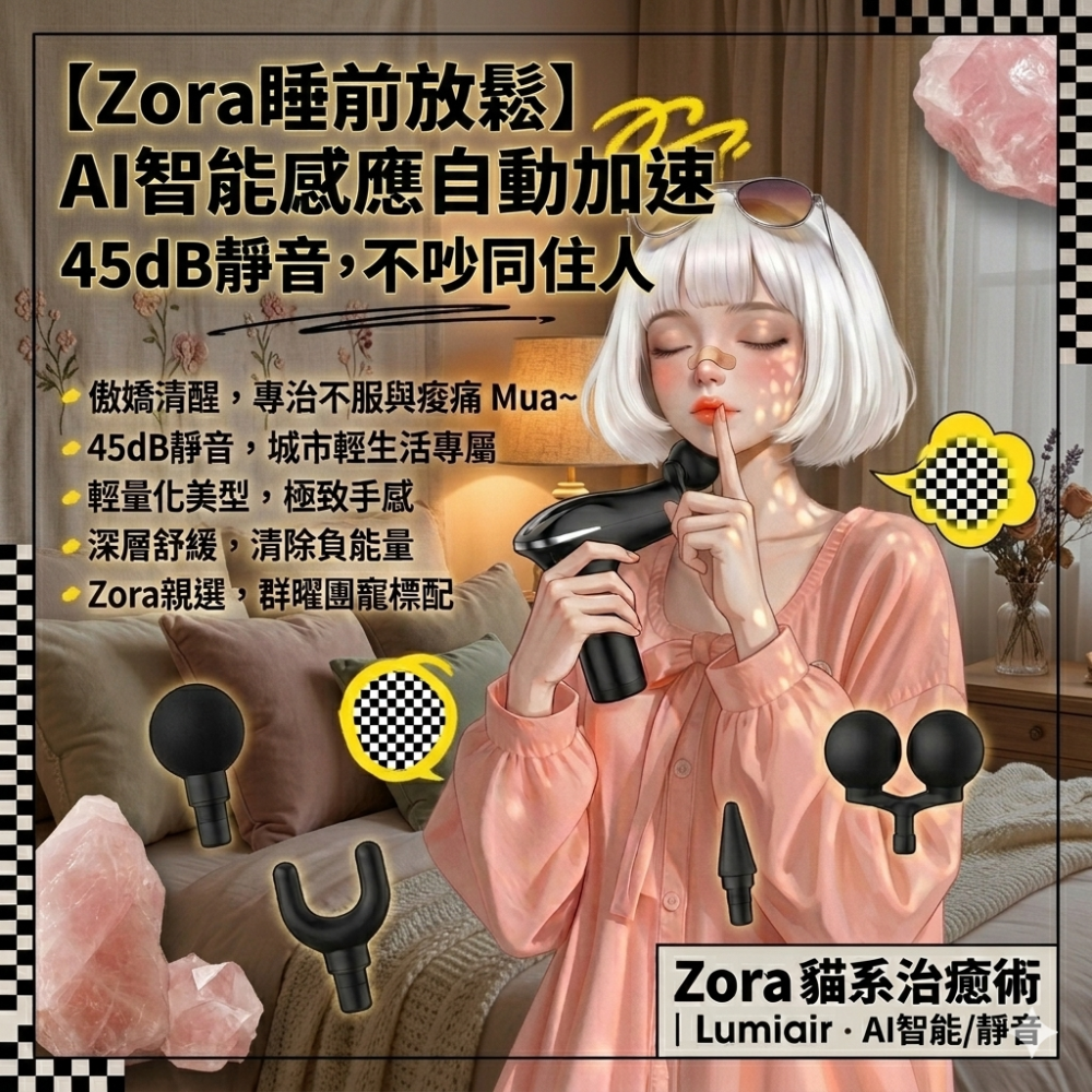 Zora 貓系治癒術系列 | 3200次傲嬌深層擊痠靜音輕量筋膜槍 雙頭款-細節圖2