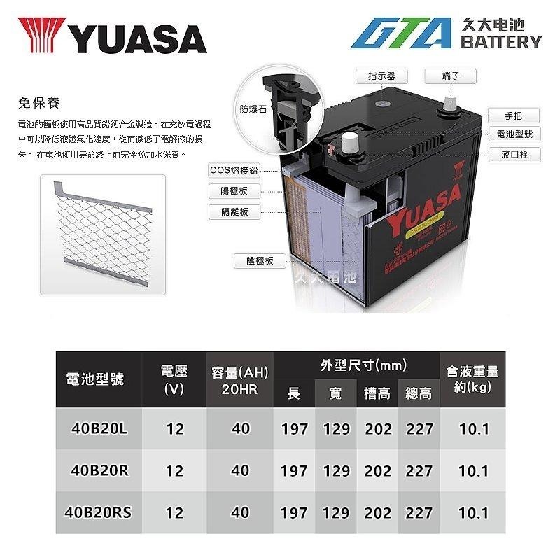 ✚久大電池❚ YUASA 湯淺電池 40B20L 免保養 汽車電瓶 汽車電池 38B20L 42B20L 新規格-細節圖3