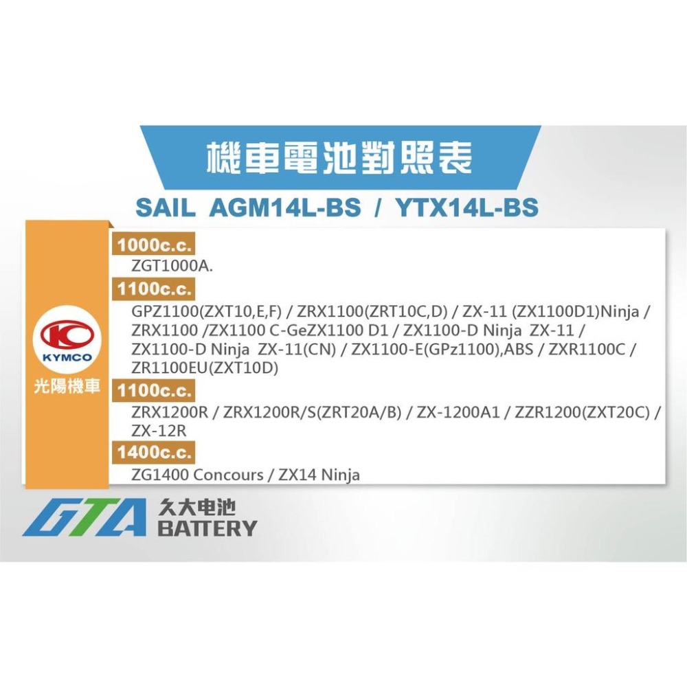 ✚久大電池❚ 風帆SAIL AGM14L-BS 機車電池 AGM-GEL 適用YTX14L-BS 重型機車電瓶-細節圖3
