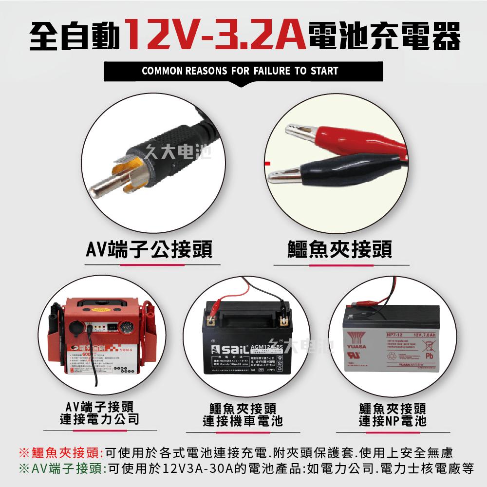 ✚久大電池❚台灣製造 12V3.2A 智慧型 充電器 充電機 可充12V3.2Ah~30Ah電池 兒童電動車 燈具電池-細節圖2