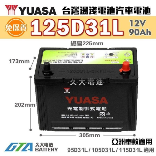 ✚久大電池❚ YUASA 湯淺電池 125D31L-SMF 完全免保養式 汽車電瓶 汽車電池 95D31L
