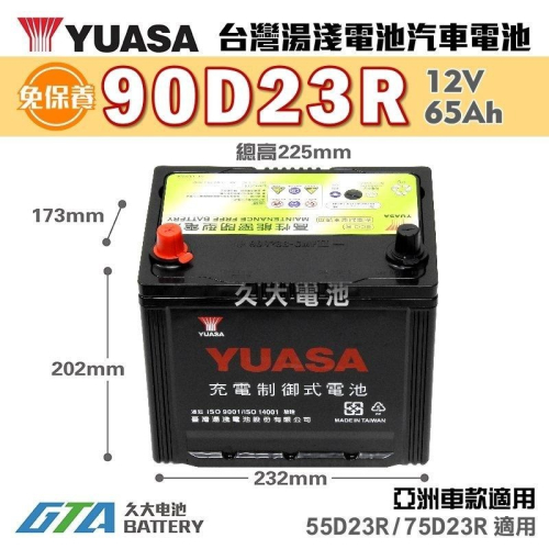 ✚久大電池❚ YUASA 湯淺 90D23R-SMF 75D23R 55D23R 適用 免保式 汽車電瓶 汽車電池