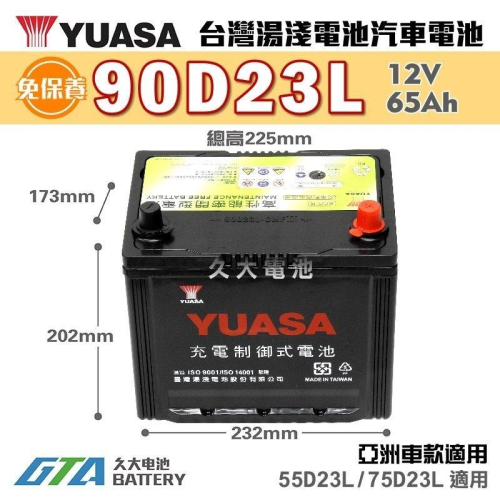 ✚久大電池❚ YUASA 湯淺 90D23L-SMF 免保養汽車電瓶 CAMRY 2.0/3.0 2008後 RAV4