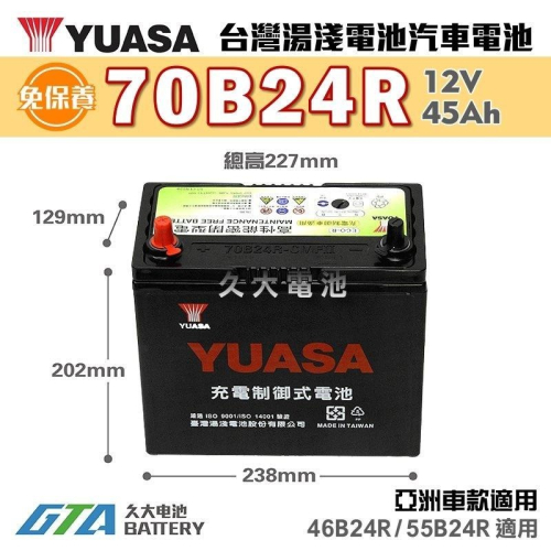 ✚久大電池❚ YUASA 湯淺電池 70B24R 免保養 汽車電瓶 SX4 SWIFT JIMNY ALTO CIVIC