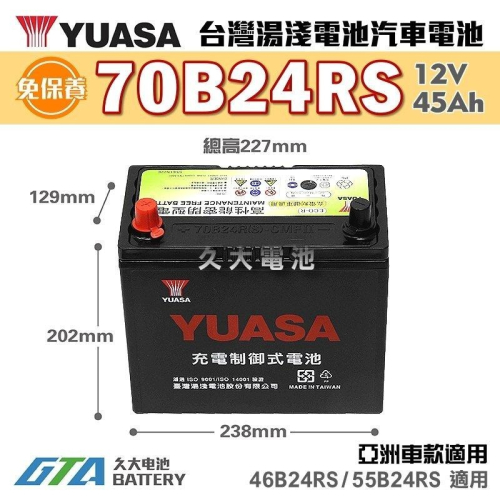 ✚久大電池❚ YUASA 湯淺電池 70B24RS-CMFII 完全免保養式 汽車電瓶 46B24RS 55B24RS