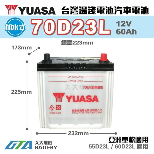 ✚久大電池❚ YUASA 湯淺 70D23L 加水式 汽車電瓶 CAMRY (2.0) 2008年後 RAV4 2.4