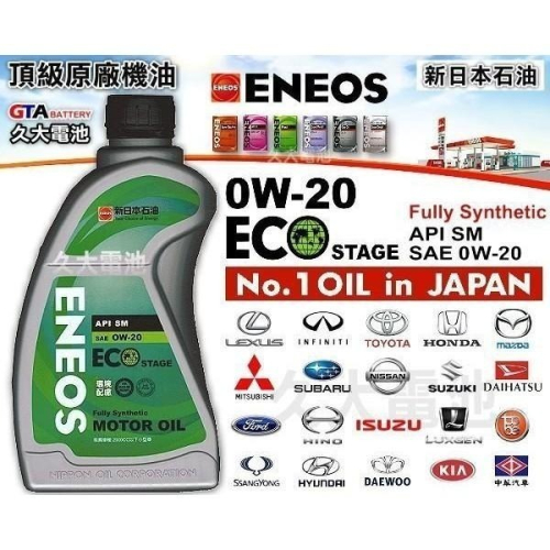 ✚久大電池❚ ENEOS 新日本石油 0W-20 LEXUS 納智傑 LUXGEN 酷比 TOBE 原廠機油