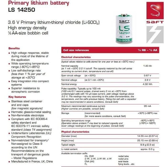 ✚久大電池❚ 法國 SAFT LS-14250 帶焊片2P 3.6V 1.2Ah【PLC工控電池】 SA2-細節圖2