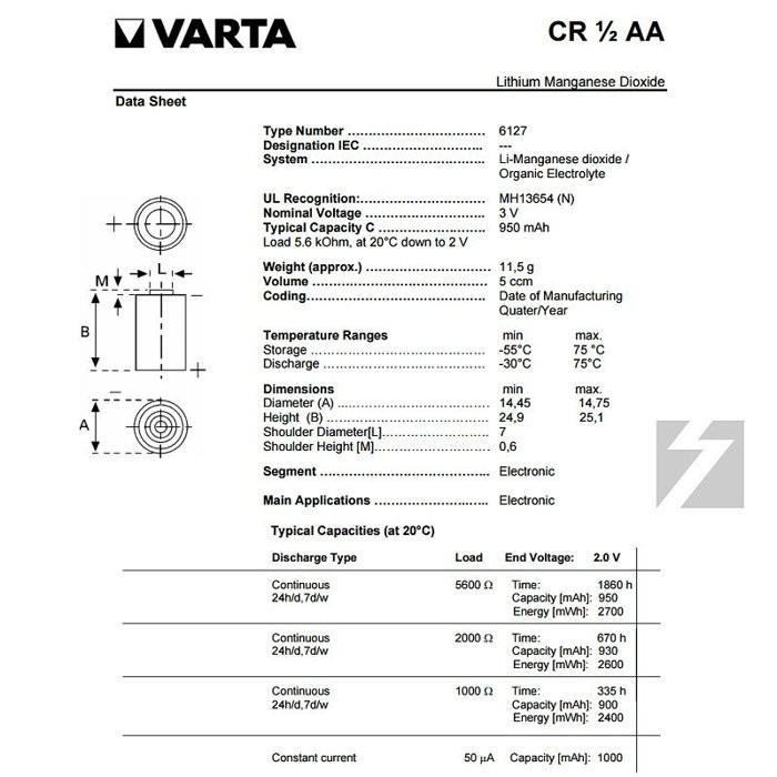 ✚久大電池❚ VARTA CR1/2AA 3V 2P 針腳【PLC工控電池】 VA3-細節圖2