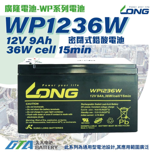 ✚久大電池❚ LONG 廣隆電池 WP1236W 12V9Ah 同 REW45-12 最高容量 UPS不斷電系統 電動車
