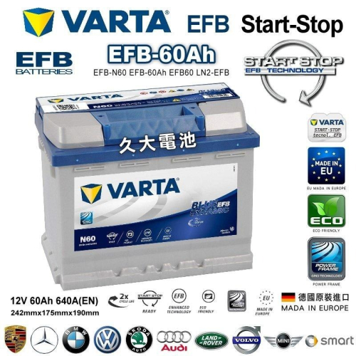 ✚久大電池❚ 德國進口 VARTA N60 EFB60 EFB59 EFB LN2 福斯 奧迪SKODA原廠電池DIY價